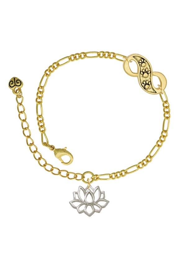 Silvertone Lotus Outline Gold-tone Paw Infinity Link Chain Bracelet, 6"+2" Extender