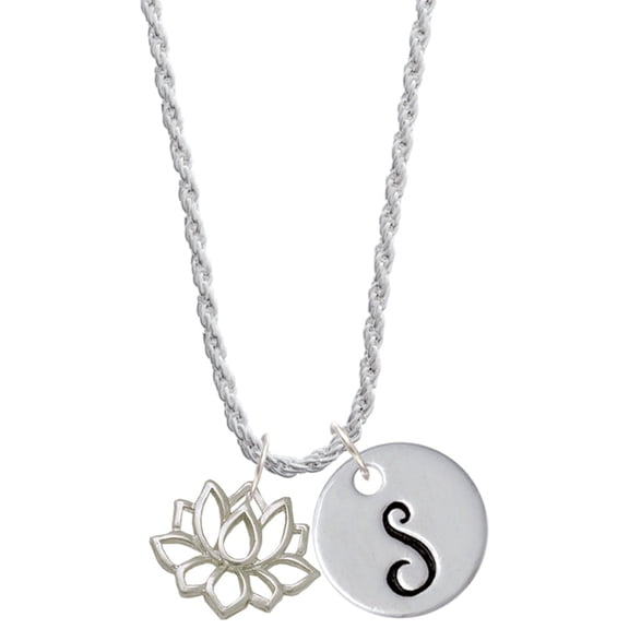 Delight Jewelry Silvertone Lotus Outline Silvertone Script Initial Disc - S - Charm Necklace, 20"+3"