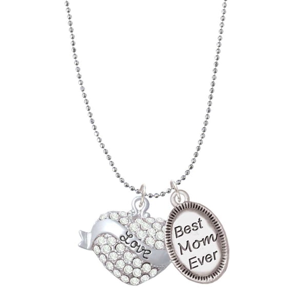 Delight Jewelry Silvertone Love Banner on Clear Crystal Heart Best Mom Ever Charm Necklace