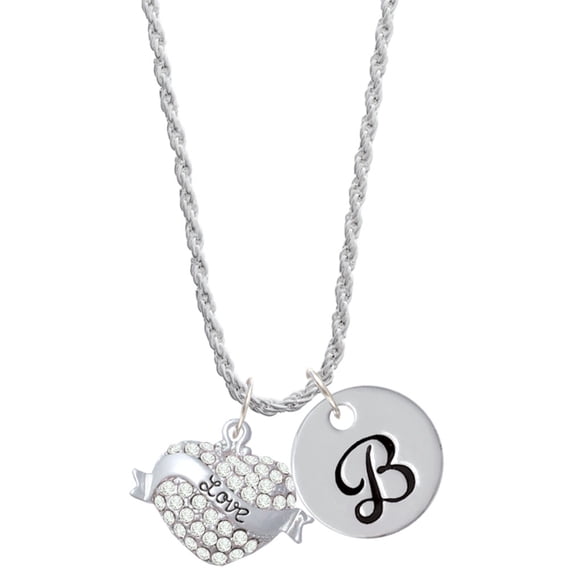 Delight Jewelry Silvertone Love Banner on Clear Crystal Heart Silvertone Script Initial Disc - B - Charm Necklace, 20"+3"