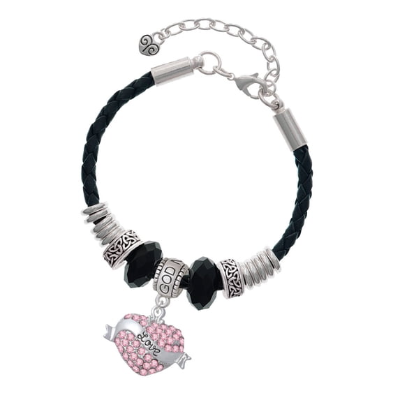 Delight Jewelry Silvertone Love Banner on Pink Crystal Heart Godmother Celtic Knot Leather Bead Bracelet, 7"+2" Extender