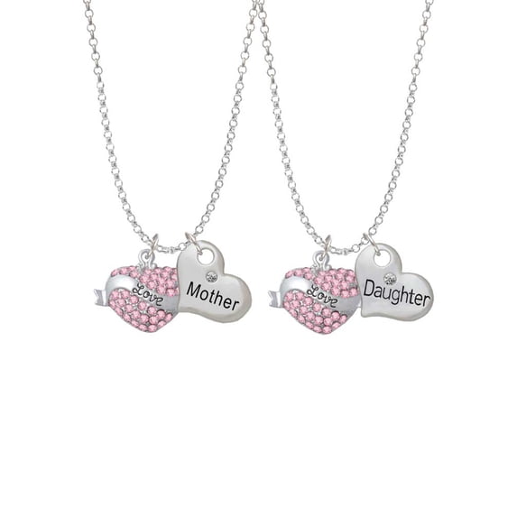Delight Jewelry Silvertone Love Banner on Pink Crystal Heart Mother & Daughter Heart Necklaces (Set of 2), 19"+2"