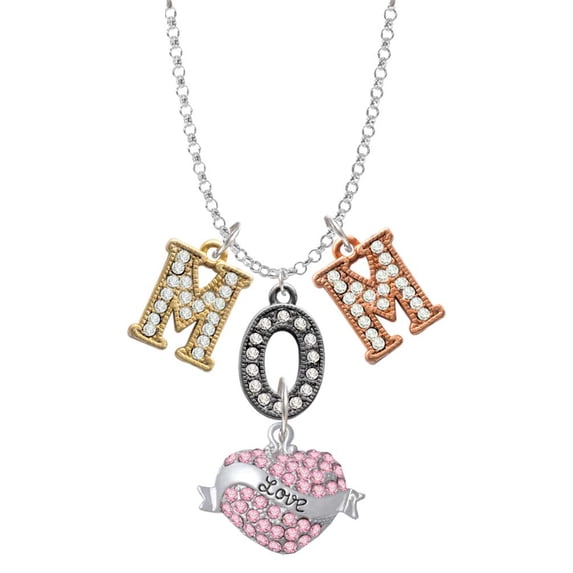Delight Jewelry Silvertone Love Banner on Pink Crystal Heart Multi-Colored Crystal Mom Charm Necklace