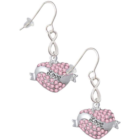 Delight Jewelry Silvertone Love Banner on Pink Crystal Heart Silver tone Infinity French Earrings