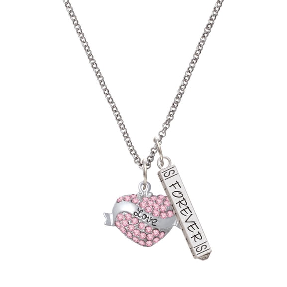 Delight Jewelry Silvertone Love Banner on Pink Crystal Heart Silvertone Forever Bar Charm Necklace, 23"