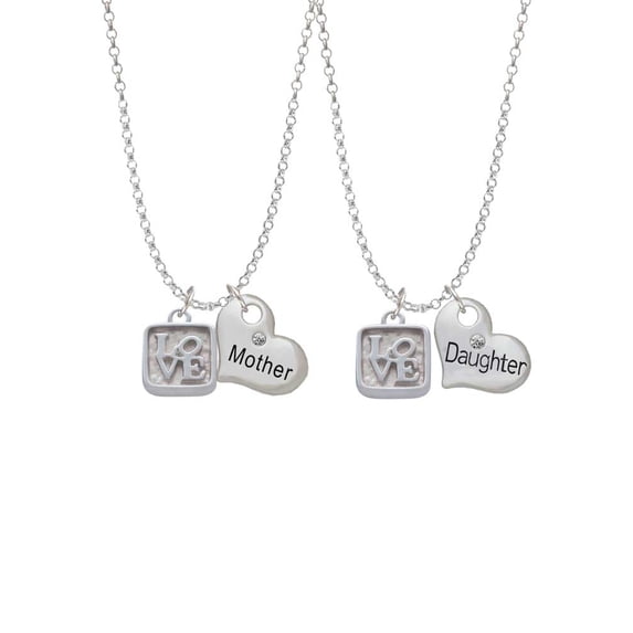 Delight Jewelry Silvertone Love Square - Square Seal Mother & Daughter Heart Necklaces (Set of 2), 19"+2"