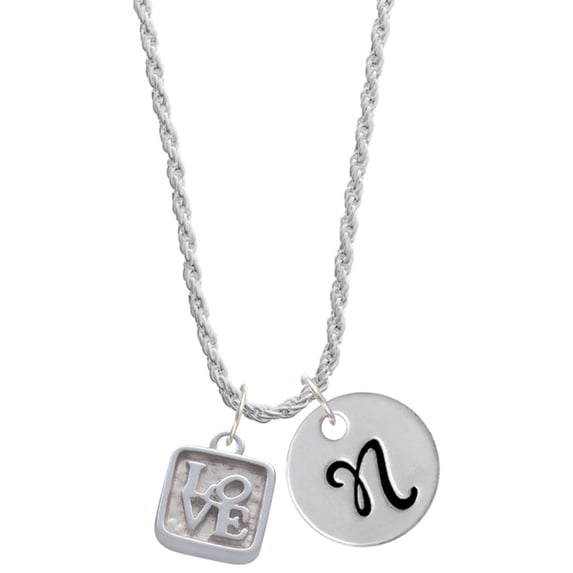 Delight Jewelry Silvertone Love Square - Square Seal Silvertone Script Initial Disc - N - Charm Necklace, 20"+3"