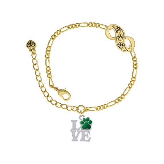 Delight Jewelry Silvertone Love with Green Paw Gold-tone Paw Infinity Link Chain Bracelet, 6"+2" Extender