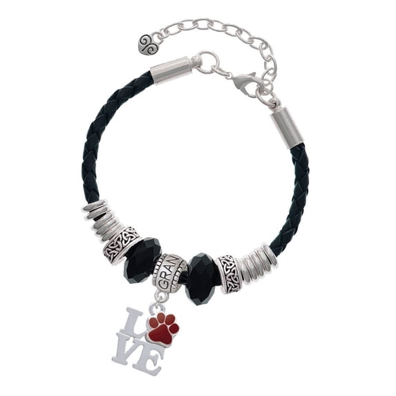 Delight Jewelry Silvertone Love with Maroon Paw Grandmother Celtic Knot Leather Bead Bracelet, 7"+2" Extender