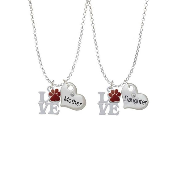 Delight Jewelry Silvertone Love with Maroon Paw Mother & Daughter Heart Necklaces (Set of 2), 19"+2"