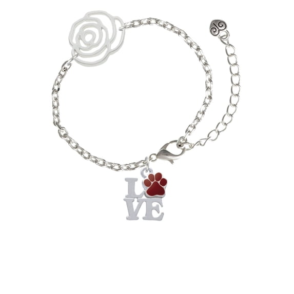 Delight Jewelry Silvertone Love with Maroon Paw Silver-tone Flower Link Chain Bracelet, 6.75"+2" Extender