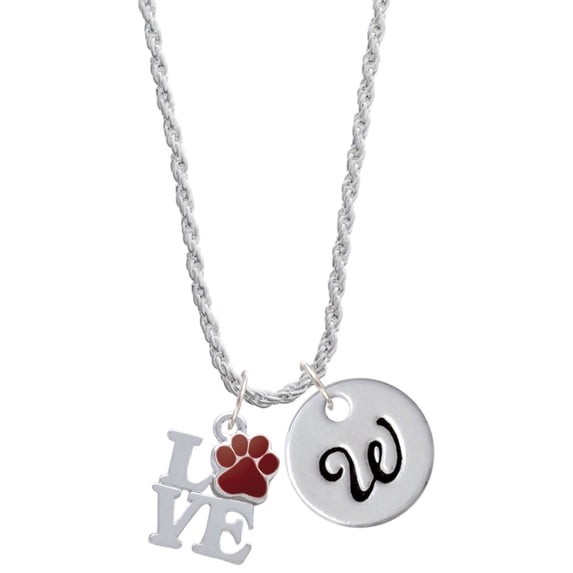 Delight Jewelry Silvertone Love with Maroon Paw Silvertone Script Initial Disc - W - Charm Necklace, 20"+3"