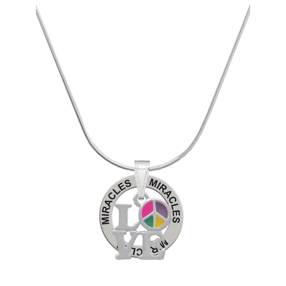 Delight Jewelry Silvertone Love with Multicolored Peace Sign Miracles Ring Charm Necklace, 18"