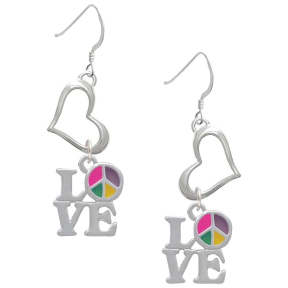 Delight Jewelry Silvertone Love with Multicolored Peace Sign Open Heart French Earrings