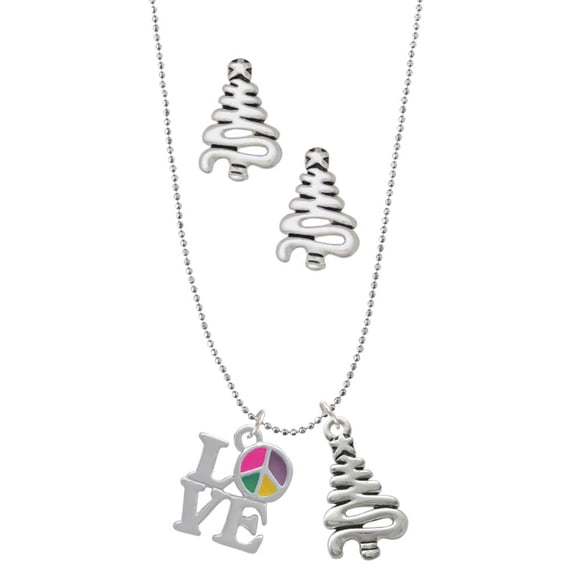 Delight Jewelry Silvertone Love with Multicolored Peace Sign Silver tone Zig Zag Christmas Tree Charm Necklace and Stud Earrings