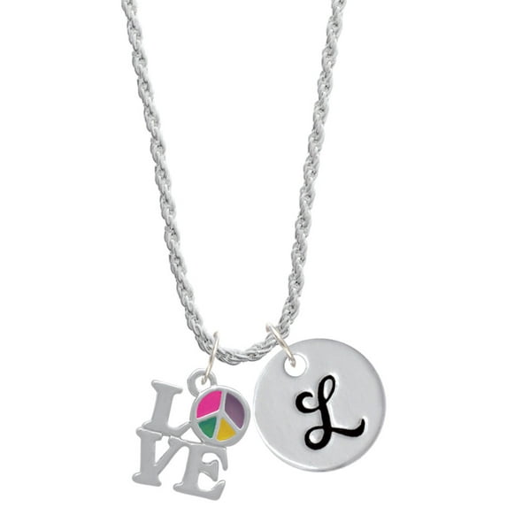 Delight Jewelry Silvertone Love with Multicolored Peace Sign Silvertone Script Initial Disc - L - Charm Necklace, 20"+3"