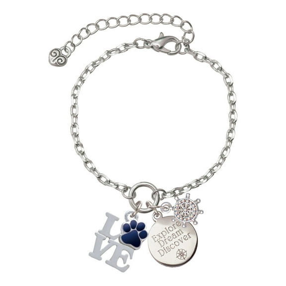 Delight Jewelry Silvertone Love with Navy Blue Paw Silvertone Discover Dream Explore Zoey Charm Bracelet, 6.5+2" Extender