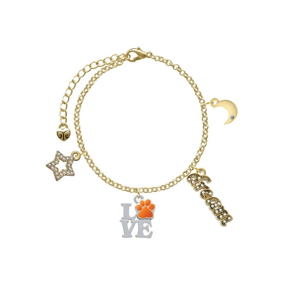 Delight Jewelry Silvertone Love with Orange Paw Goldtone Dream Big Charm Bracelet, 7.5+2" Extender