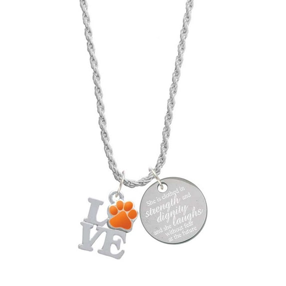 Delight Jewelry Silvertone Love with Orange Paw She is Clothed in Stength and Dignity Charm Necklace, 20"+3"