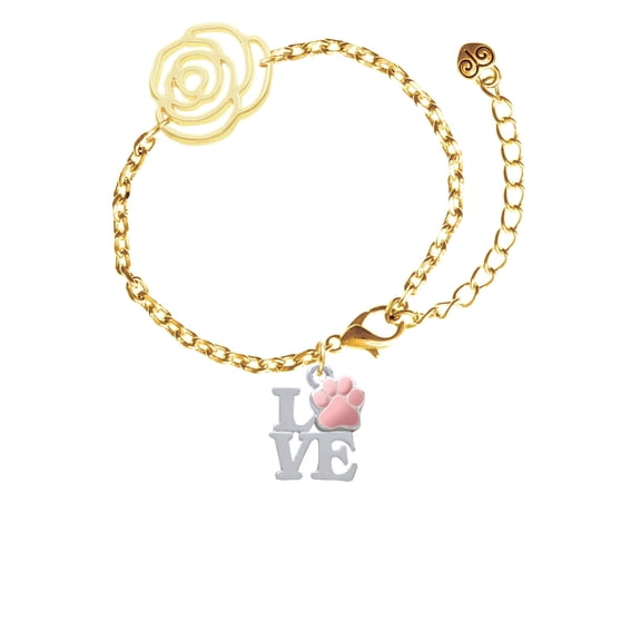 Delight Jewelry Silvertone Love with Pink Paw Gold-tone Flower Link Chain Bracelet, 6.75"+2" Extender
