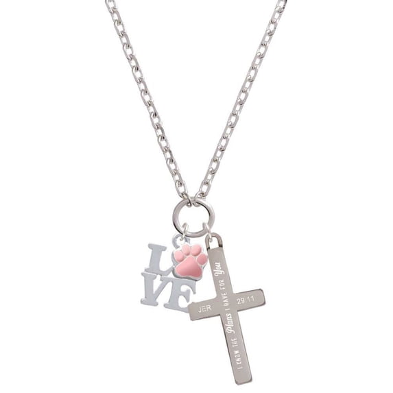 Delight Jewelry Silvertone Love with Pink Paw I Have Plans for You Engraved Cross Zoey Necklace, 28"