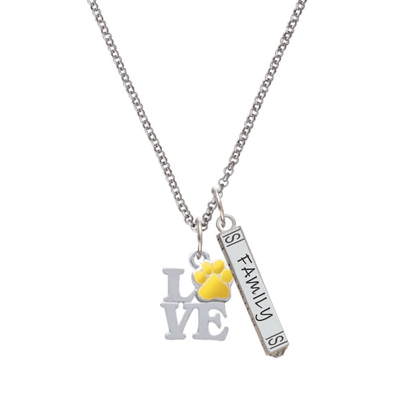 Delight Jewelry Silvertone Love with Yellow Paw Silvertone Family Bar Charm Necklace, 23"