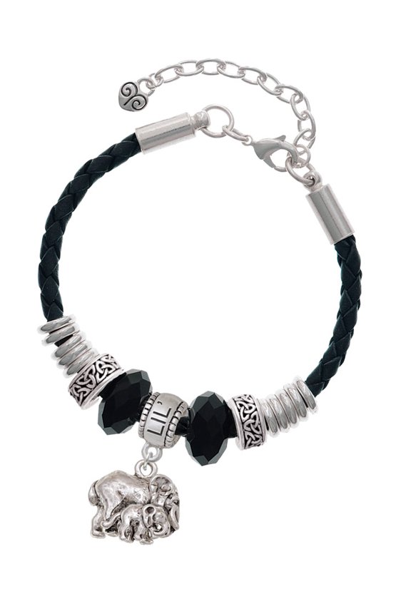 Silvertone Loved Elephant with Baby Big Sister Celtic Knot Leather Bead Bracelet, 7"+2" Extender