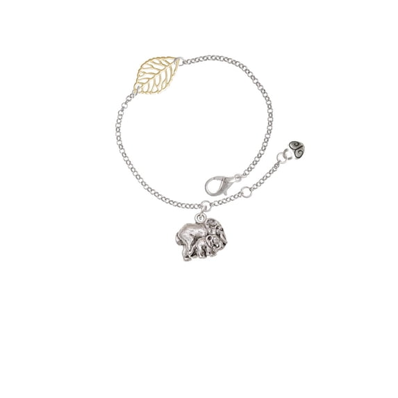 Delight Jewelry Silvertone Loved Elephant with Baby - Goldtone Leaf Delicate Bracelet, 6.25+1.75"