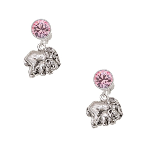 Delight Jewelry Silvertone Loved Elephant with Baby Pink Crystal Clip on Earrings