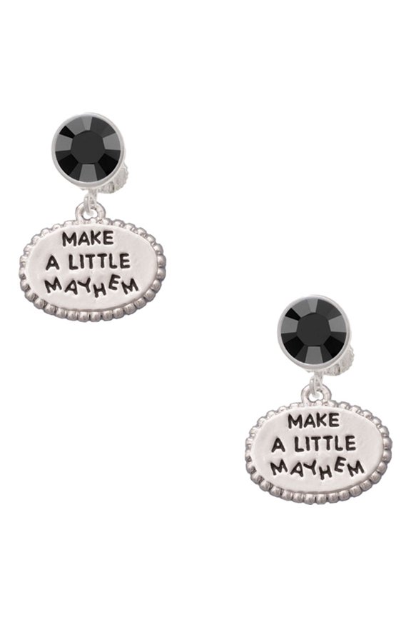 Silvertone Make a Little Mayhem Oval Black Crystal Clip on Earrings