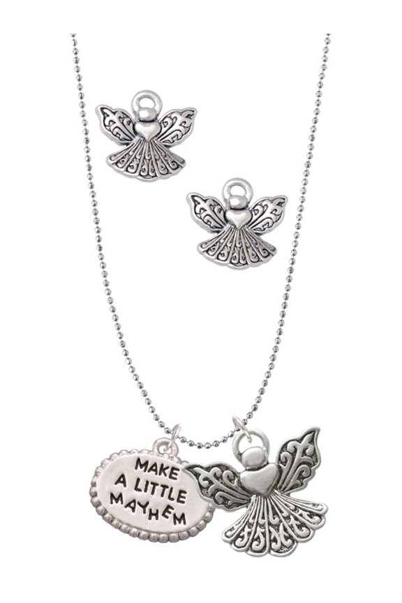 Silvertone Make a Little Mayhem Oval Silver tone Guardian Angel Charm Necklace and Stud Earrings