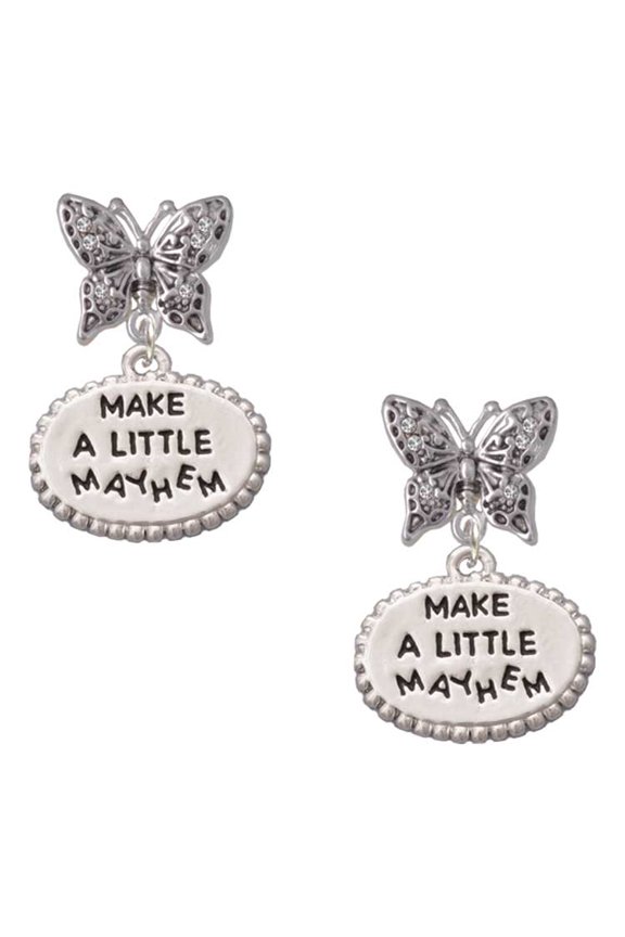 Silvertone Make a Little Mayhem Oval Silvertone Antiqued Butterfly Post Earrings