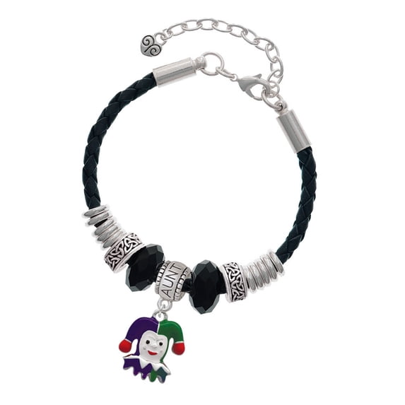 Delight Jewelry Silvertone Mardi Gras Jester Aunt Celtic Knot Leather Bead Bracelet, 7"+2" Extender