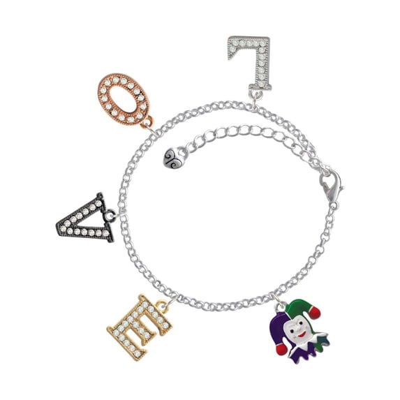 Delight Jewelry Silvertone Mardi Gras Jester Multi-Colored Crystal Love Charm Bracelet