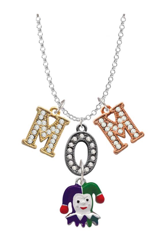 Silvertone Mardi Gras Jester Multi-Colored Crystal Mom Charm Necklace