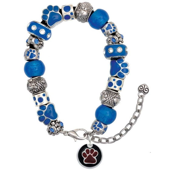 Delight Jewelry Silvertone Maroon Paw on Black Disc Blue Paw Print Bead Bracelet, 7"+2"