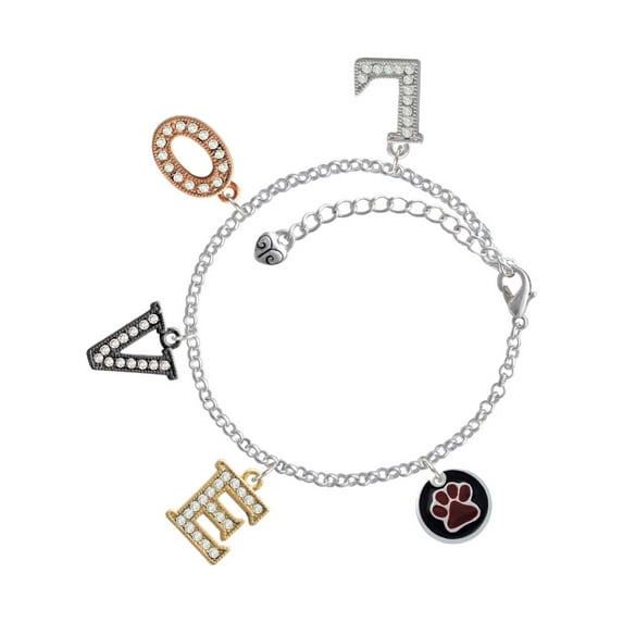 Delight Jewelry Silvertone Maroon Paw on Black Disc Multi-Colored Crystal Love Charm Bracelet