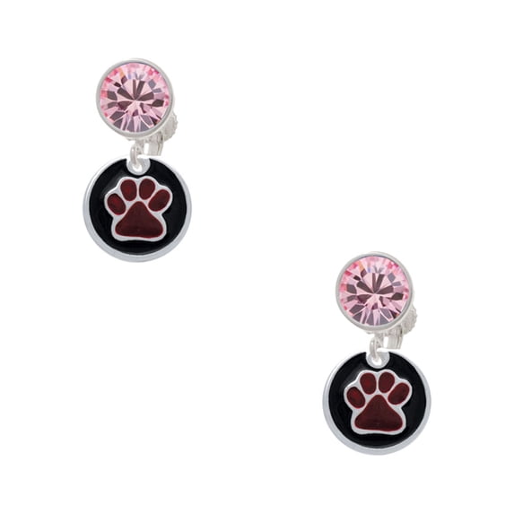 Delight Jewelry Silvertone Maroon Paw on Black Disc Pink Crystal Clip on Earrings