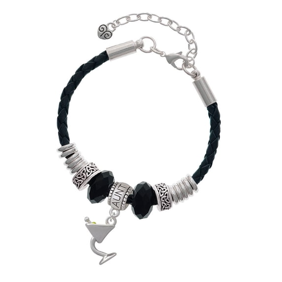 Delight Jewelry Silvertone Martini Drink with Olive Aunt Celtic Knot Leather Bead Bracelet, 7"+2" Extender