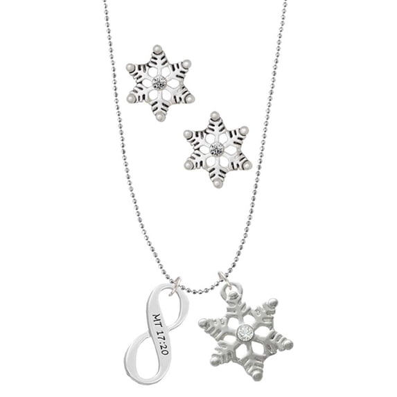 Delight Jewelry Silvertone Matthew 17:20 Infinity Sign Silver tone Snowflake Charm Necklace and Stud Earrings