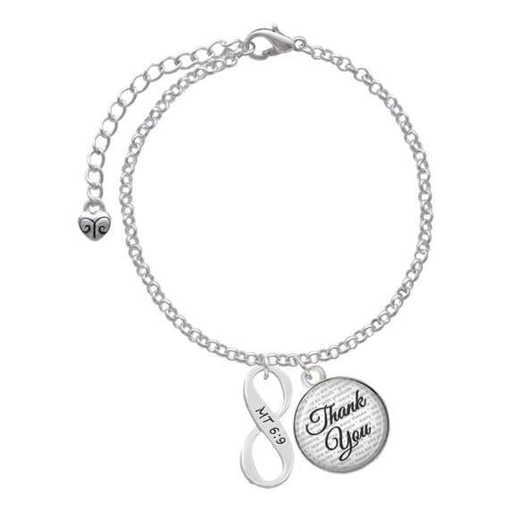 Delight Jewelry Silvertone Matthew 6:9 Infinity Sign - Domed Thank You Charm Bracelet, 6"+2"