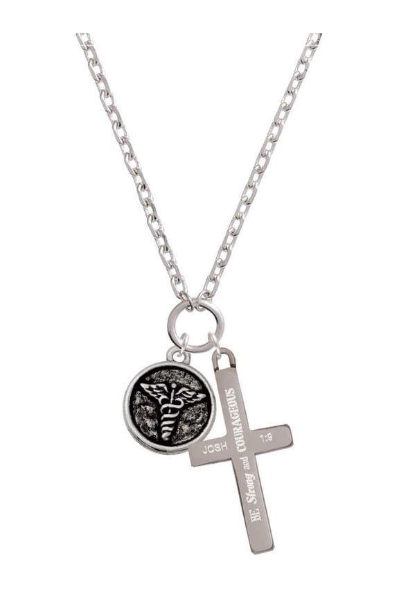 Silvertone Medical Caduceus Seal - Be Strong and Courageous Engraved Cross Zoey Necklace, 28"