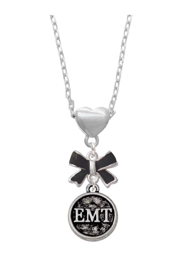 Silvertone Medical Caduceus Seal - EMT Black Bow Heart Necklace