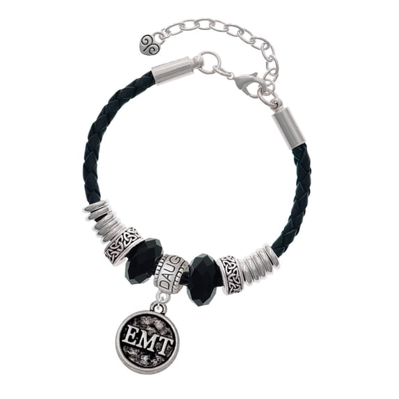 Delight Jewelry Silvertone Medical Caduceus Seal - EMT Daughter Celtic Knot Leather Bead Bracelet, 7"+2" Extender