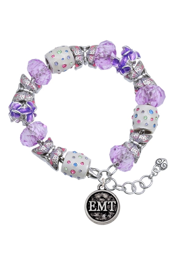 Silvertone Medical Caduceus Seal - EMT Purple Butterfly Bead Charm Bracelet, 7"+1" Extender