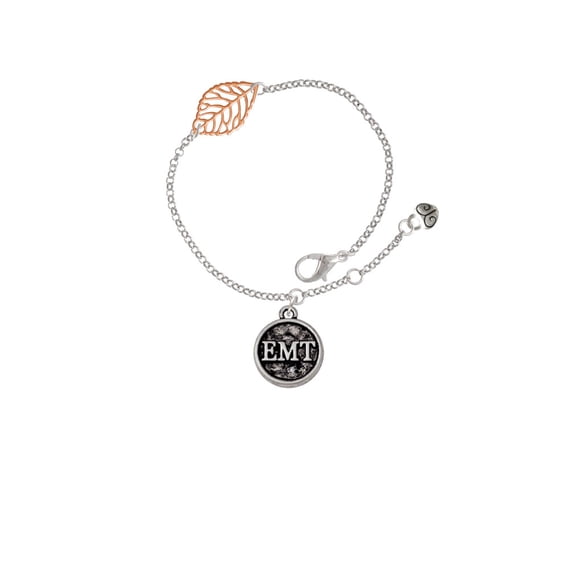 Delight Jewelry Silvertone Medical Caduceus Seal - EMT - Rose Goldtone Leaf Delicate Bracelet, 6.25+1.75"