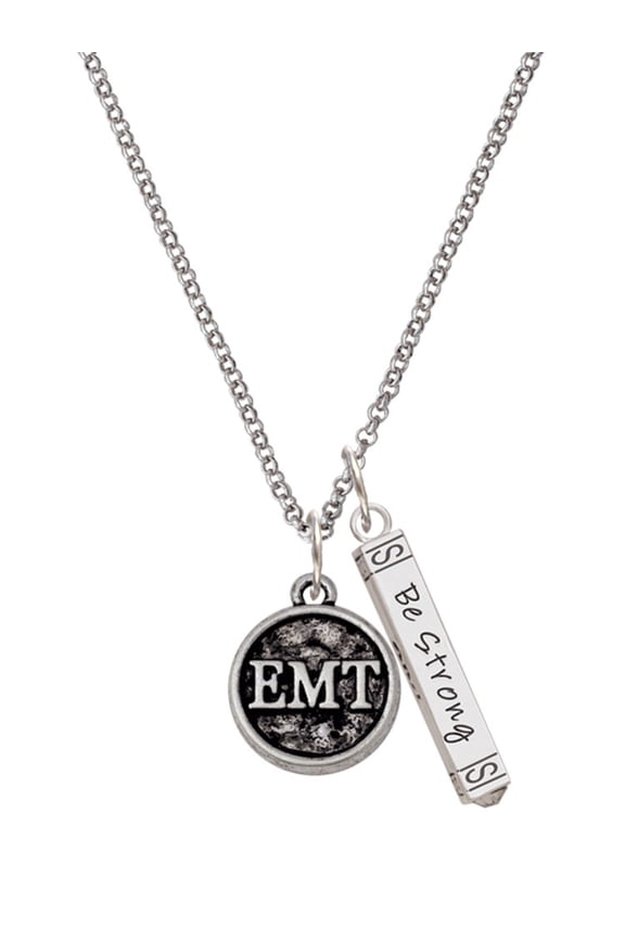 Silvertone Medical Caduceus Seal - EMT Silvertone Be Strong and Courageous Bar Charm Necklace, 23"