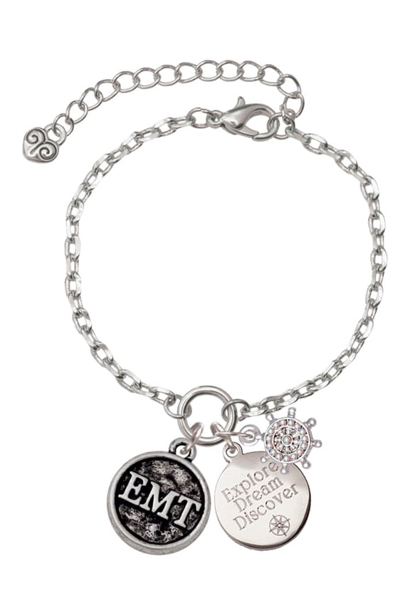 Silvertone Medical Caduceus Seal - EMT Silvertone Discover Dream Explore Zoey Charm Bracelet, 6.5+2" Extender
