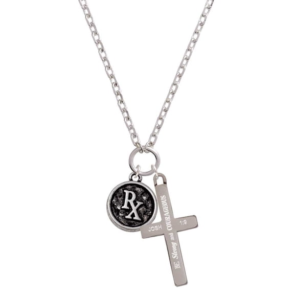 Delight Jewelry Silvertone Medical Caduceus Seal - Rx Be Strong and Courageous Engraved Cross Zoey Necklace, 28"