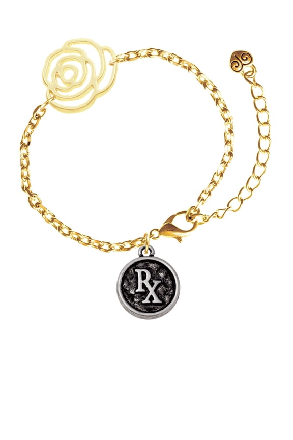 Silvertone Medical Caduceus Seal - Rx Gold-tone Flower Link Chain Bracelet, 6.75"+2" Extender